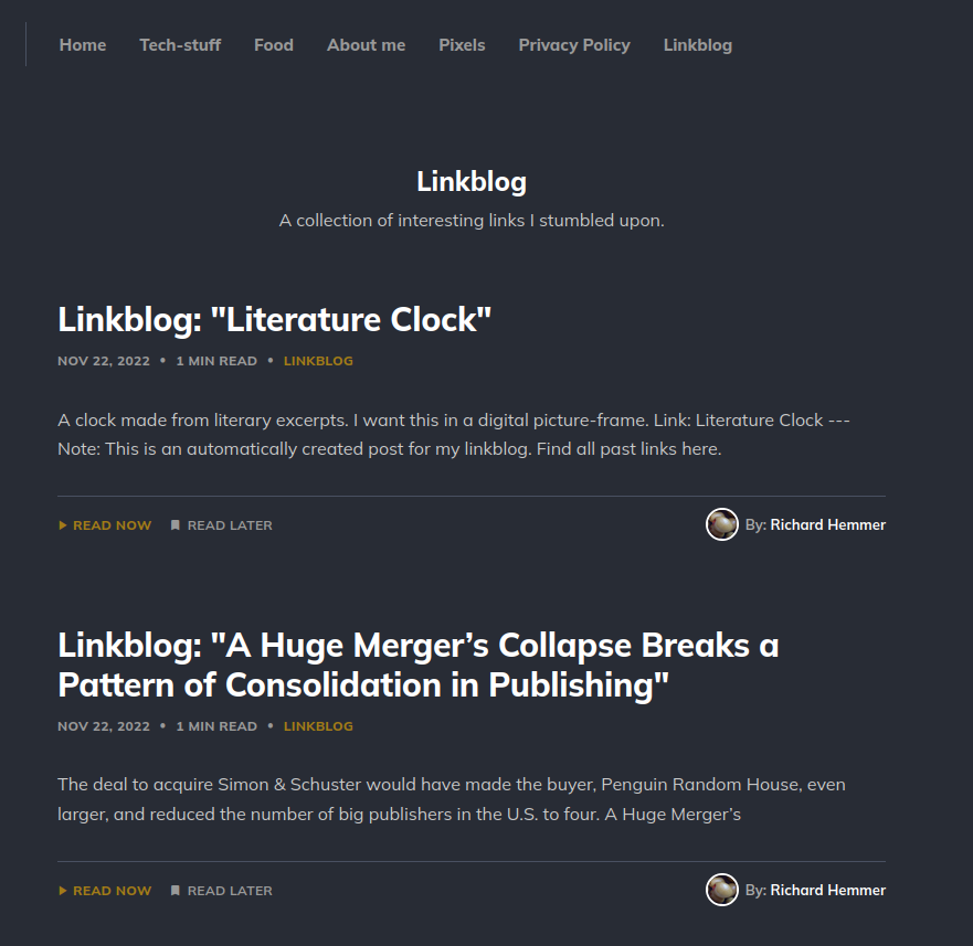 A screenshot of the page created for the linkblog. It shows the two posts to date, also the navigation bar with "Linkblog" already up there.