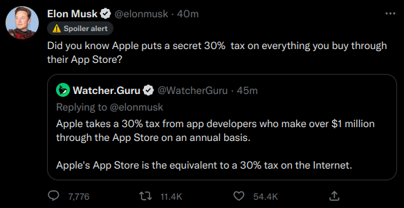 Elon Musk asking in a tweet: "Did you know Apple puts a secret 30% tax on everything you buy through their App Store?