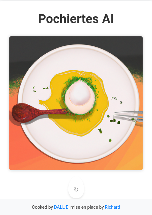 A screenshot of a website, displaying a headline "Pochiertes AI" and an image of a somewhat artistic rendering of a poached egg on a plate.