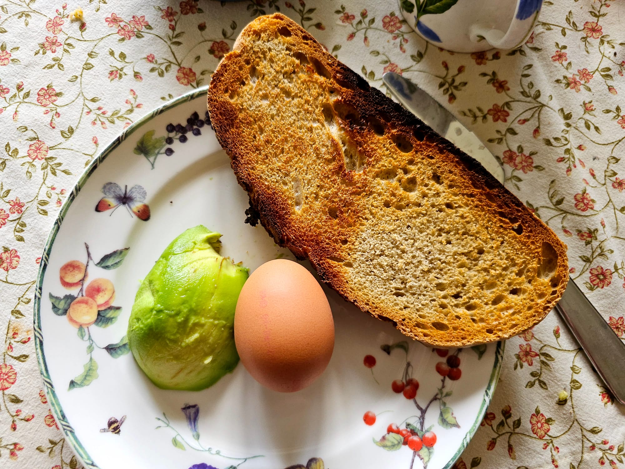 Photo of a plate with floral pattern, on which sit an egg, unpeeled, half an avocado, peeled, and a slice of toasted bread. 