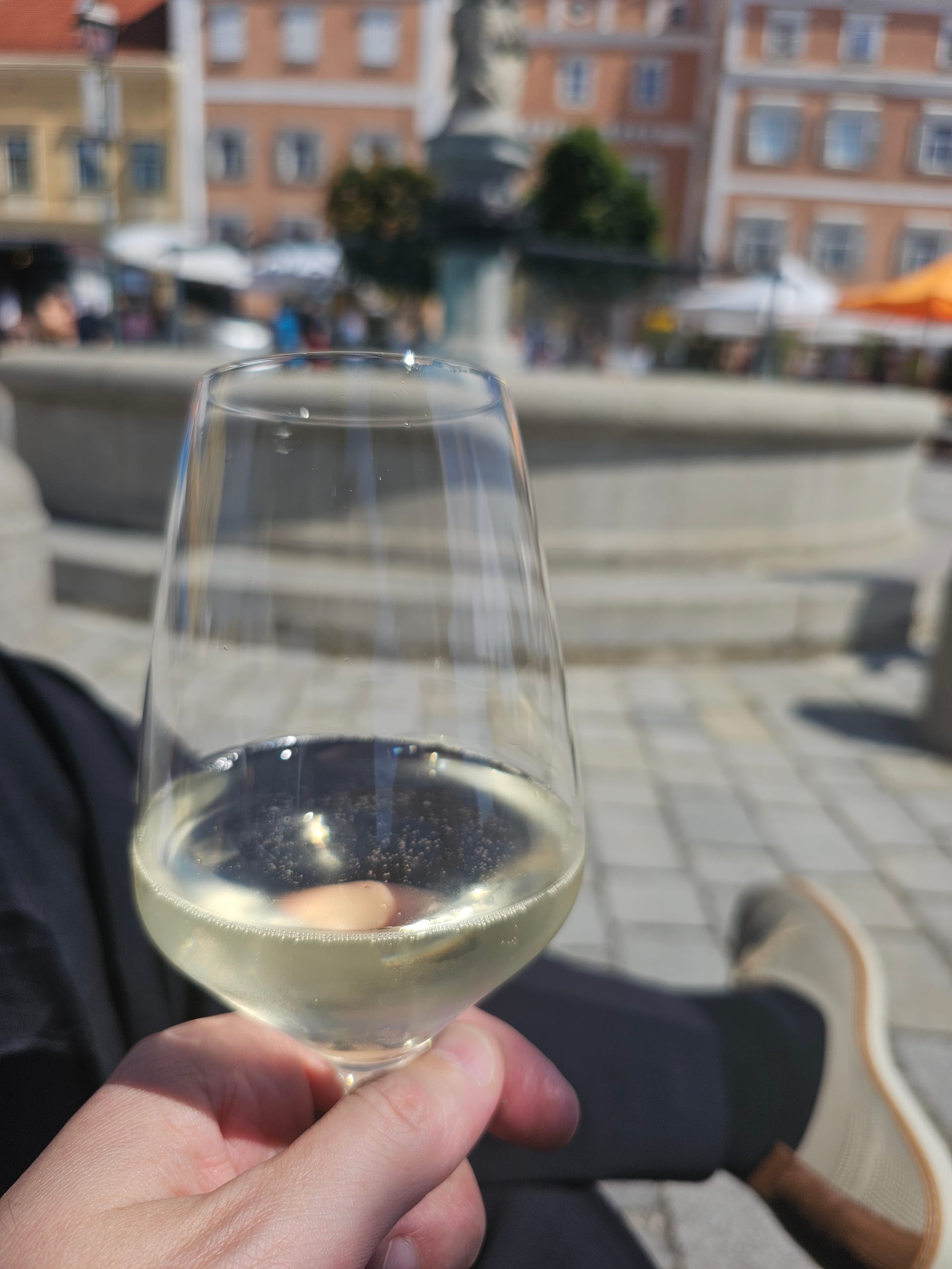 First person view of a wine glass filled with white sparkling wine, in the background a fountain drenched in sunshine. 