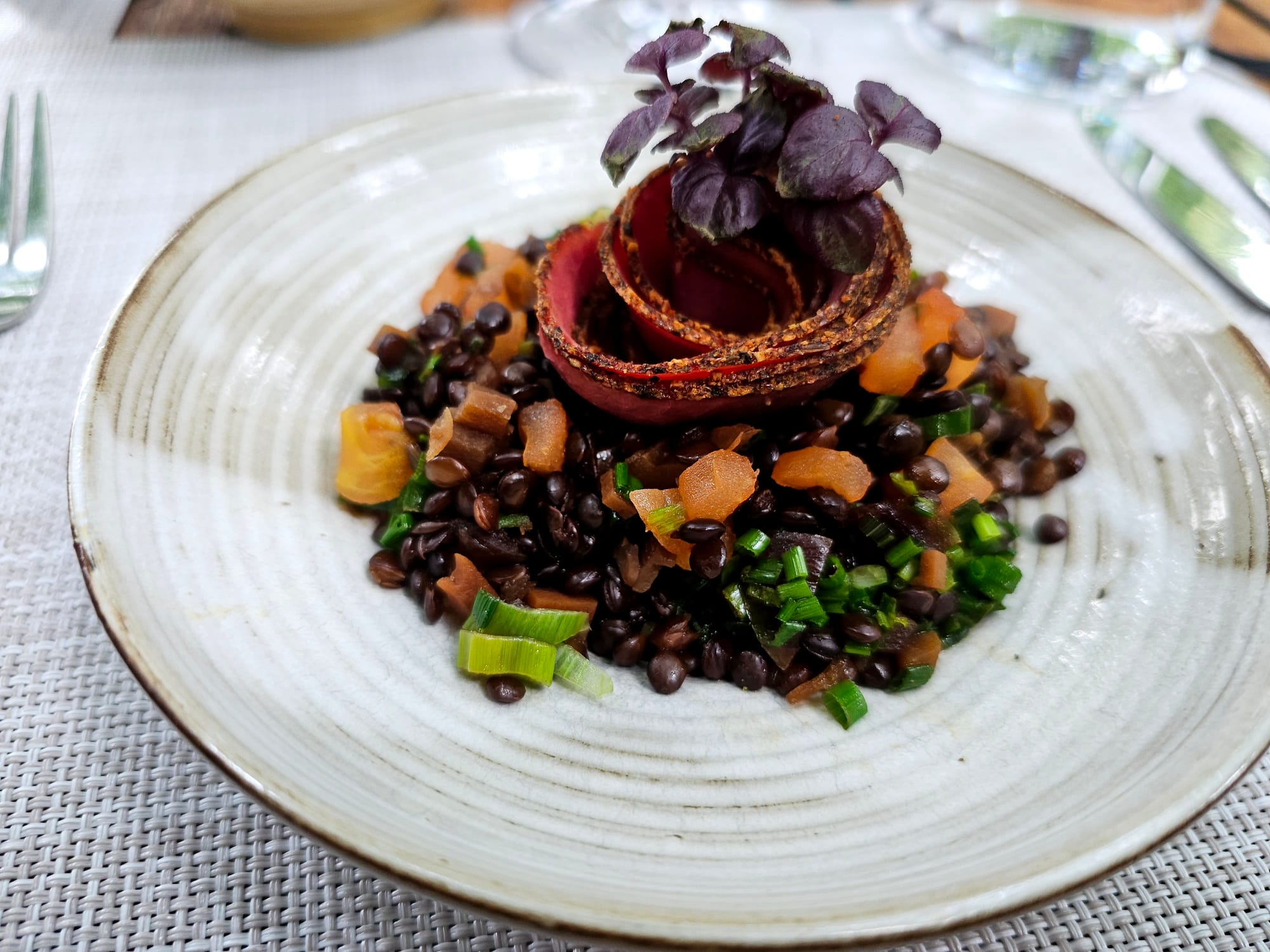 Pastrami on a bed of lentils, on an off-white plate 