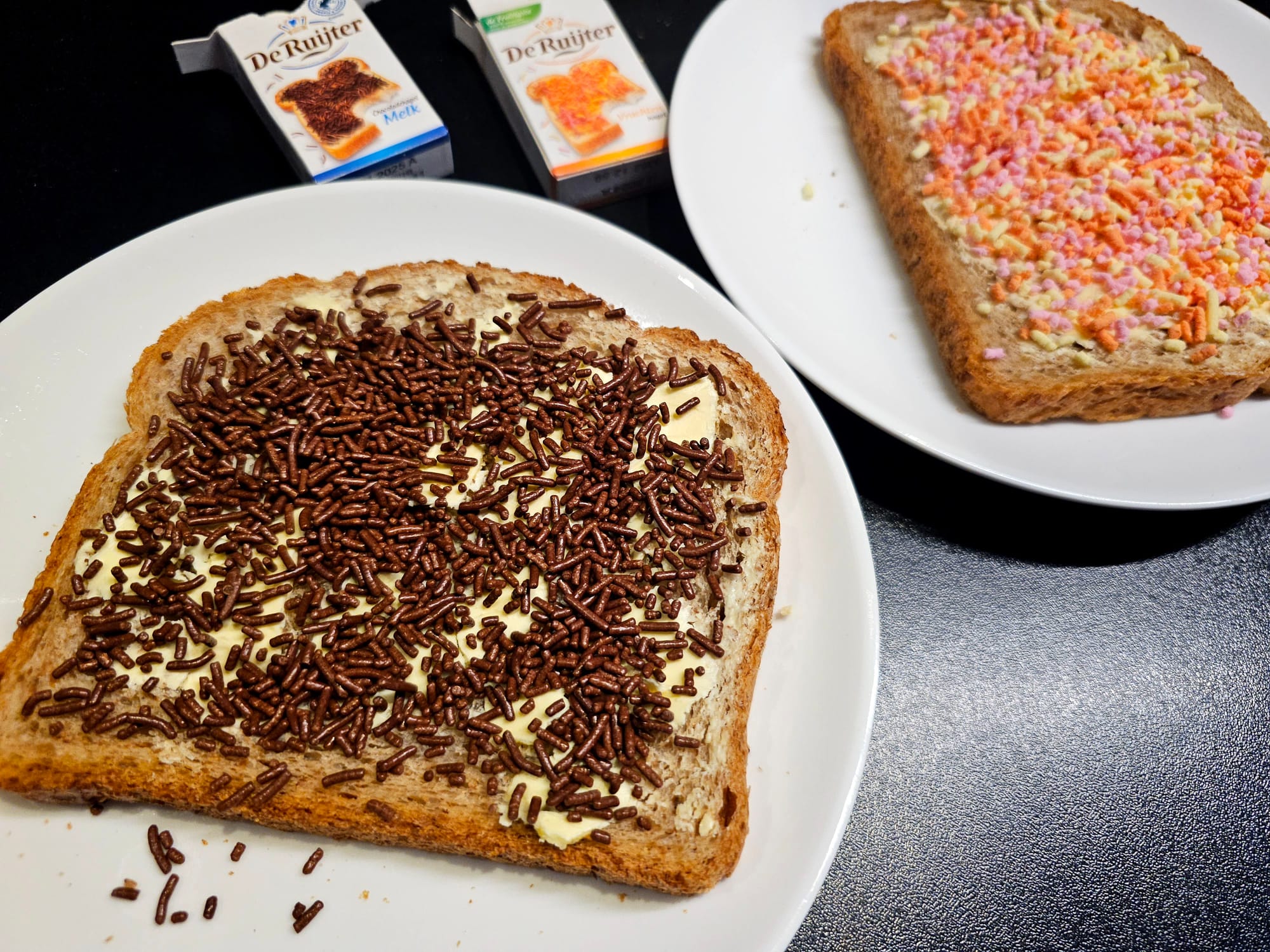 Two slices of bread covered in sugary flakes 