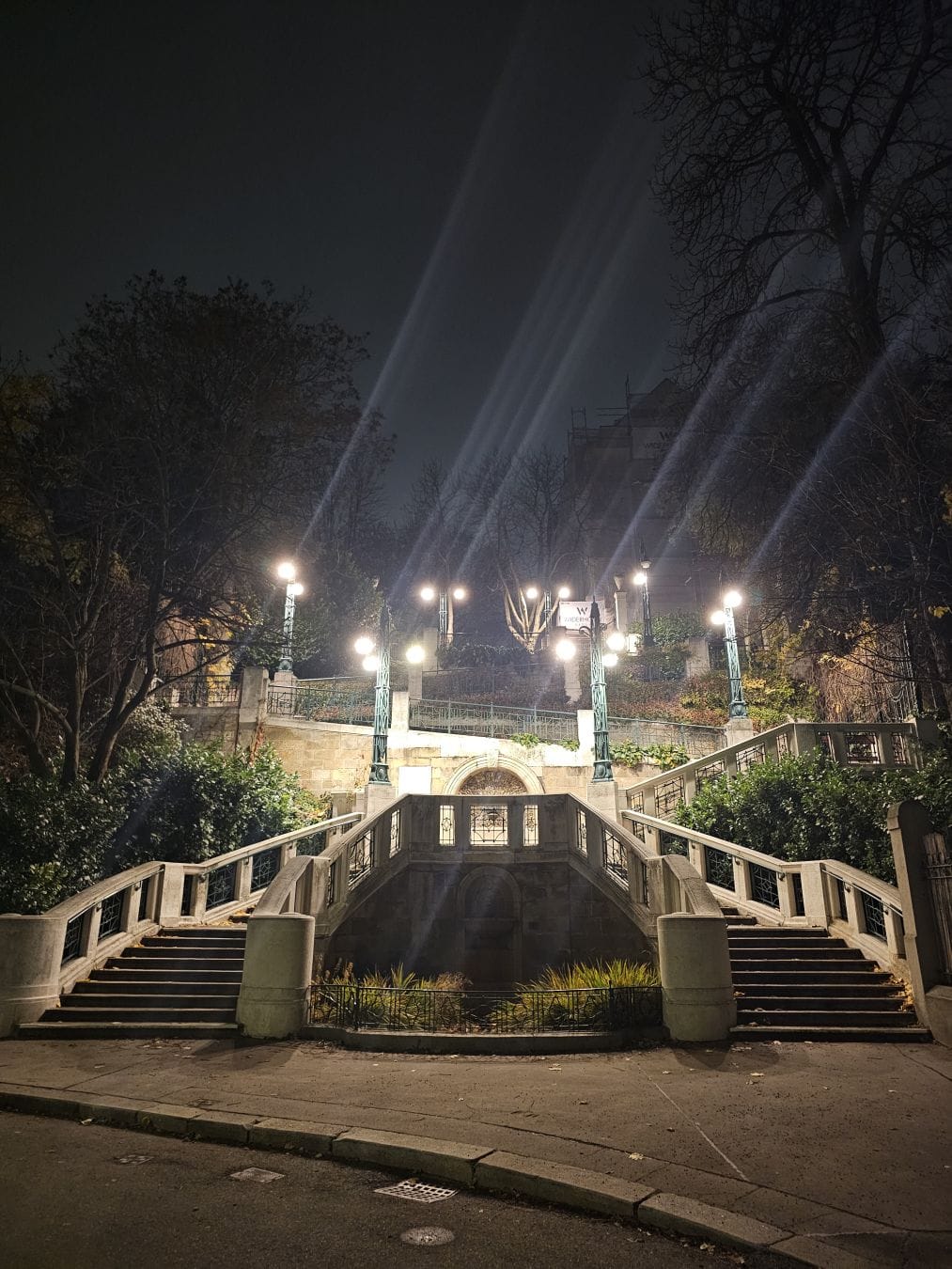 Night view of the Strudlhofstiege in Vienna: symmetrical stone staircases rise from a quiet street toward a central landing, illuminated by rows of glowing lampposts. Bare trees and winter foliage frame the steps, while long beams of light streak diagonally through the dark sky, creating a dramatic, atmospheric scene.