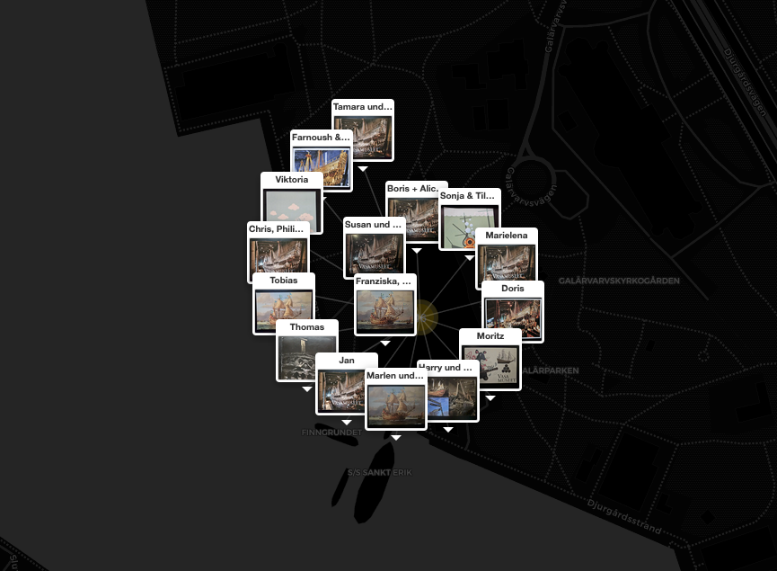Spiderfied view of a ton of vasa museum postcard thumbails, on the grayscale map of Stockholm.