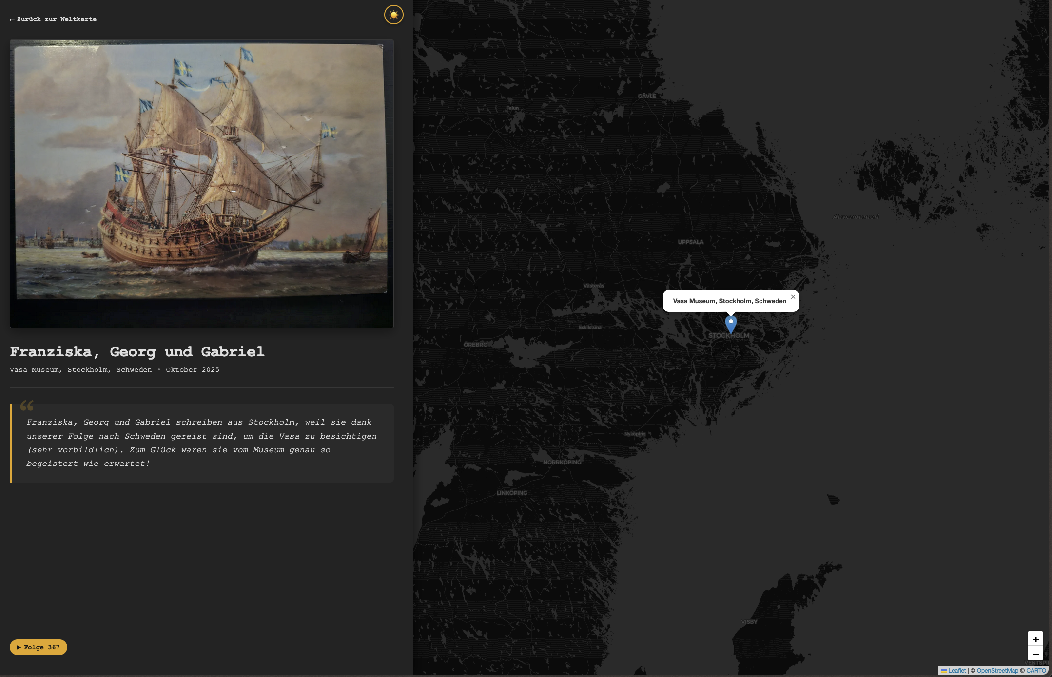 A detail view of a postcard. The front of the card, below the names of the sende and a field with a summary of their message. Below a ling to a referenced episode. To the right, about 2/3 of the screen, the map.