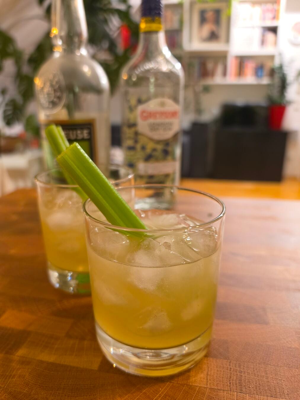 Two old-fashioned glasses filled with a yellowish liquid and plenty of ice, garnished with a celery stalk.