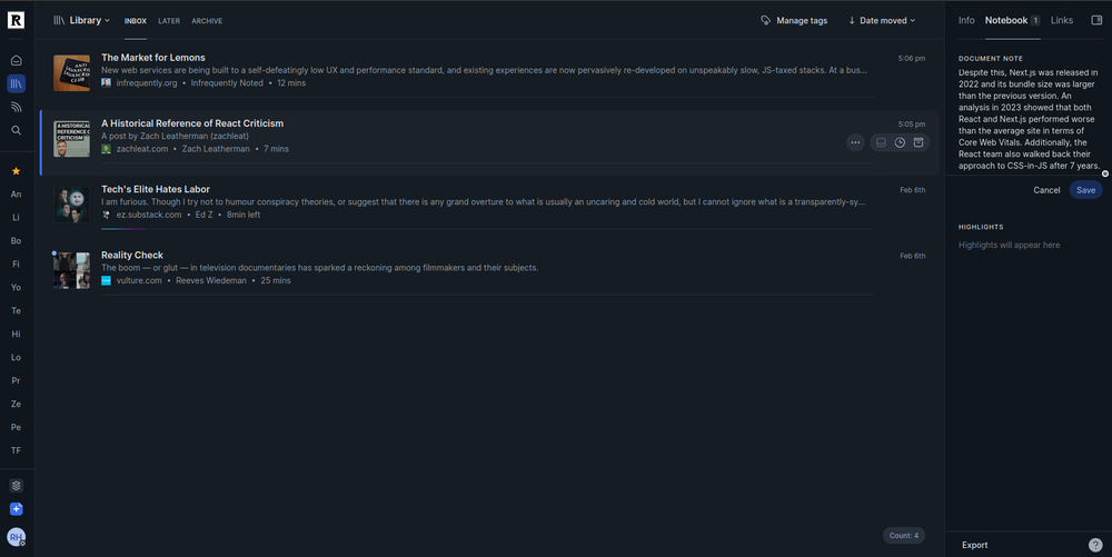 A screenshot of the Readwise Reader